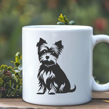 A full-body illustration of a seated Yorkshire Terrier breed of dog.