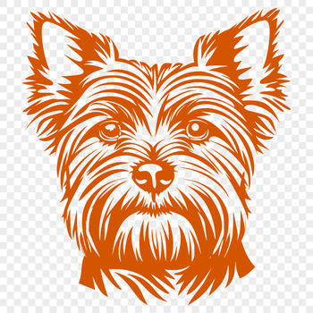 A stylized illustration of a small dog's head, representing a Yorkshire Terrier breed.
