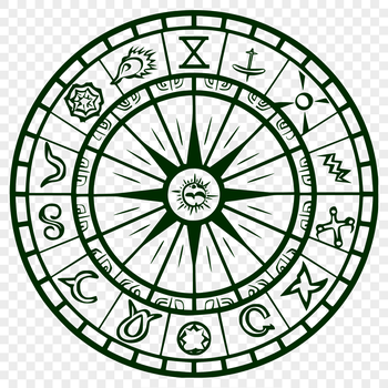A stylized illustration of witchcraft symbols and motifs, suitable for Halloween decorations or gothic-inspired designs.
