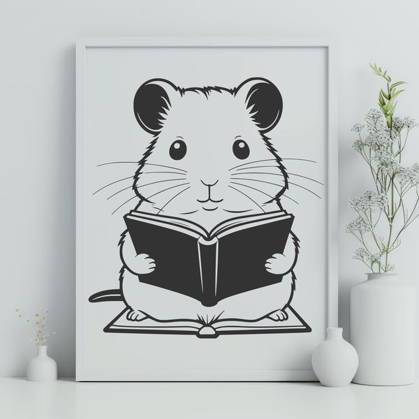 Whimsical Hamster Reading a Book A small, furry animal sitting on a stack of books, reading.