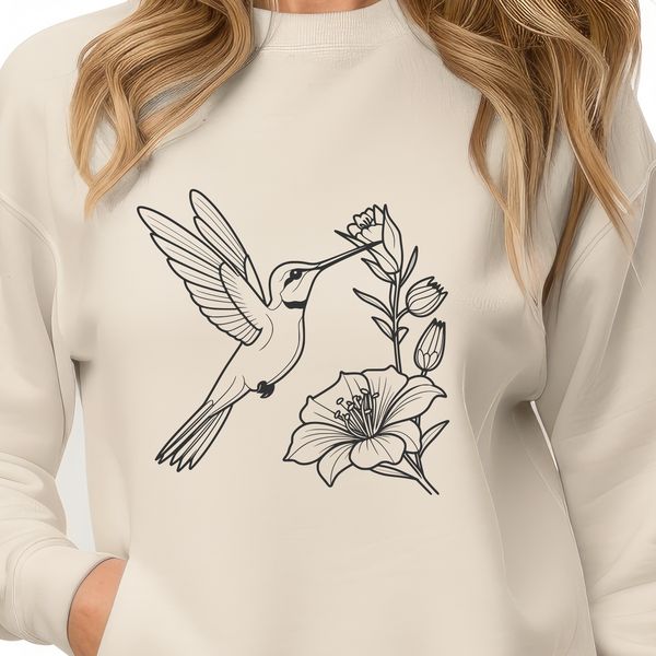 Floral Bird Perch SVG Art A colorful illustration of a hummingbird perched on a floral stem.