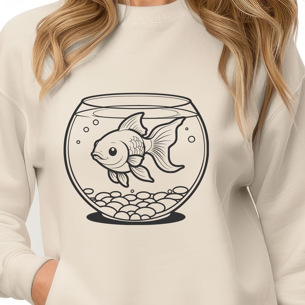 Golden Finned Friend Clip Art A small gold-colored fish swimming in a circular aquarium.