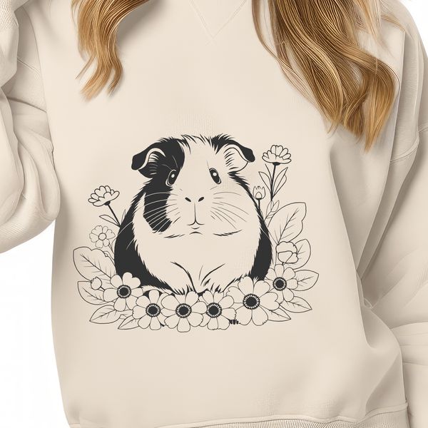 Floral Frenzy Guinea Pig SVG A cartoon guinea pig surrounded by colorful floral patterns.