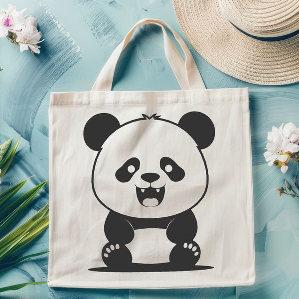 Colorful Panda SVG Design A black and white illustration of a panda in a natural habitat setting.