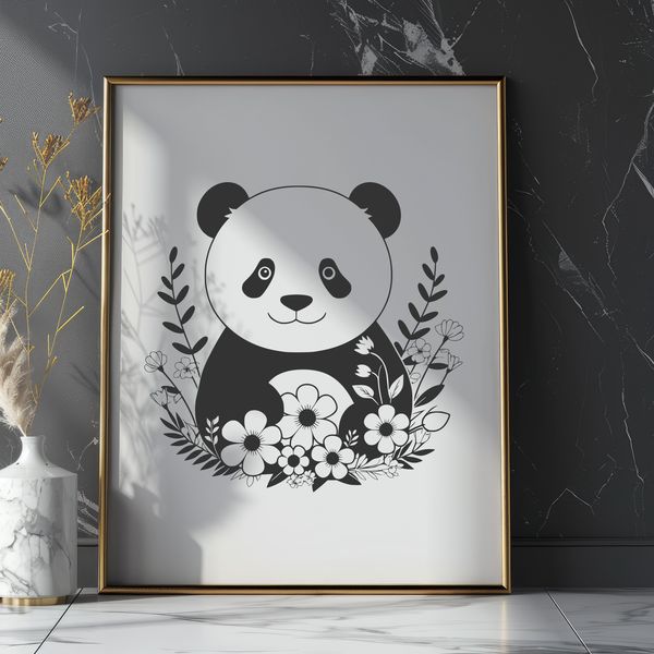 Whimsical Panda in Bloom A stylized illustration of a panda in a floral setting.
