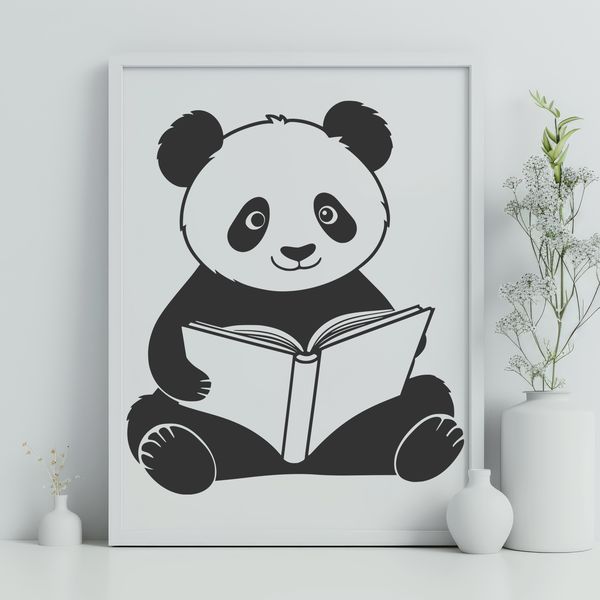 A black and white illustration of a panda sitting on a mountain, holding a book in its paw.