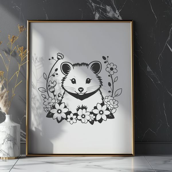 Woodland Wildlife SVG Illustration A detailed illustration of a possum in its natural habitat surrounded by foliage.