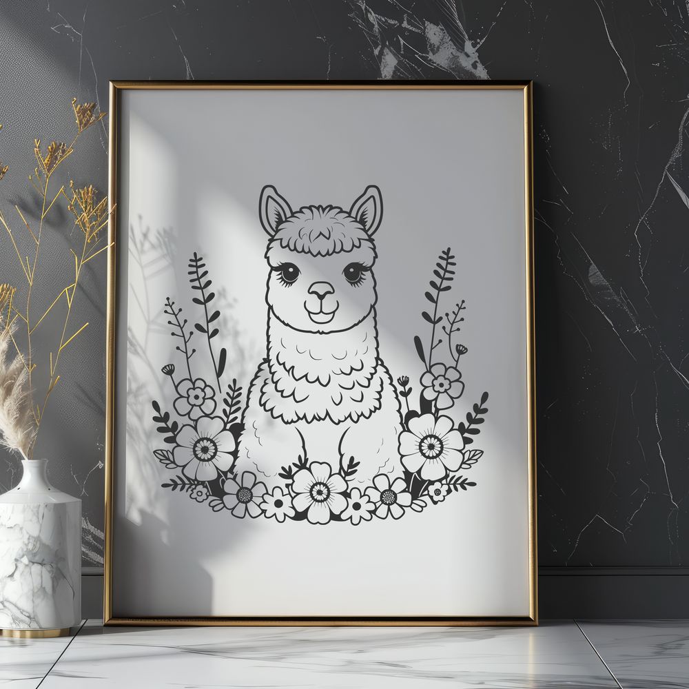 Adorable Alpaca in a Floral Wonderland A vector illustration of a single Alpaca in a natural environment with floral elements.