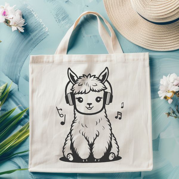 Whimsical Alpaca with Headphones Illustration An alpaca illustration with headphones on its ears.