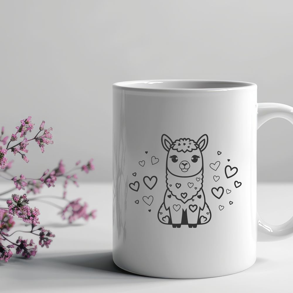 Friendly Alpaca Illustration with Love Hearts A stylized illustration of a friendly alpaca surrounded by love hearts, suitable for personal or commercial projects.