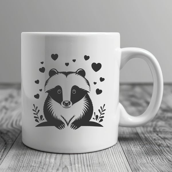 Whimsical Badger Face with Love Hearts A close-up illustration of a badger's face with overlapping love hearts.