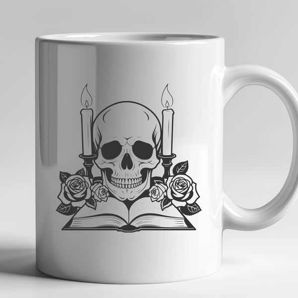 Gothic Skull Illustration with Rose and Candle A stylized illustration of a skull surrounded by a rose and candle, suitable for crafting and design projects.