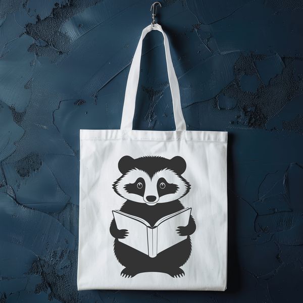 A cartoon badger sitting on the ground with an open book in its paws.