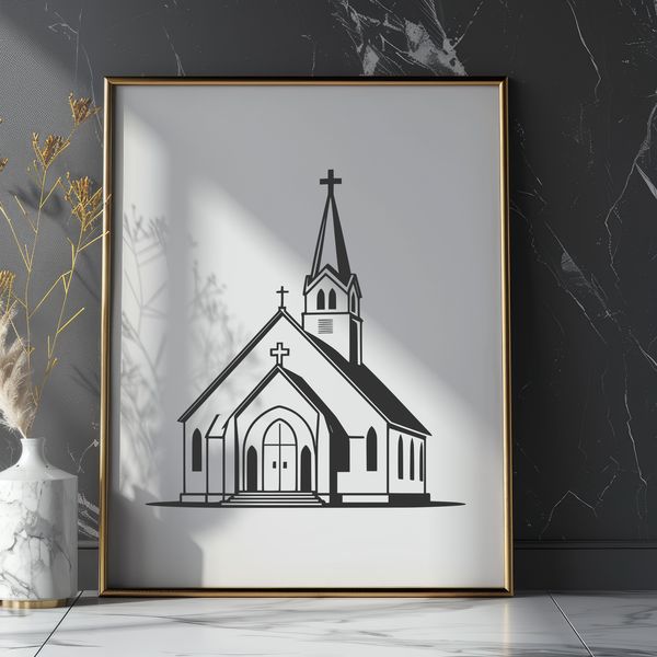 Traditional Baptist Church SVG Design A depiction of a traditional Baptist church exterior with a steeple and entrance.