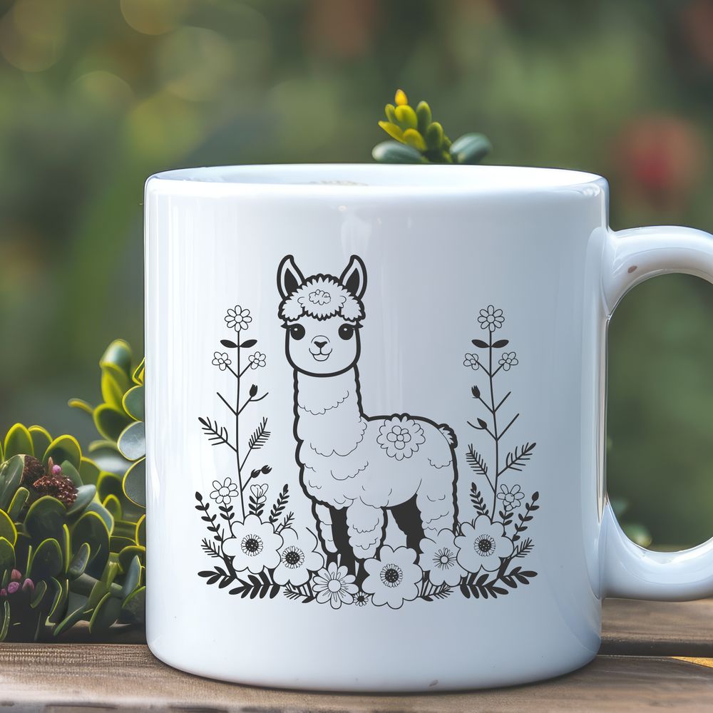 Whimsical Alpaca Landscape A cute, fluffy alpaca in a field with floral elements surrounding it.