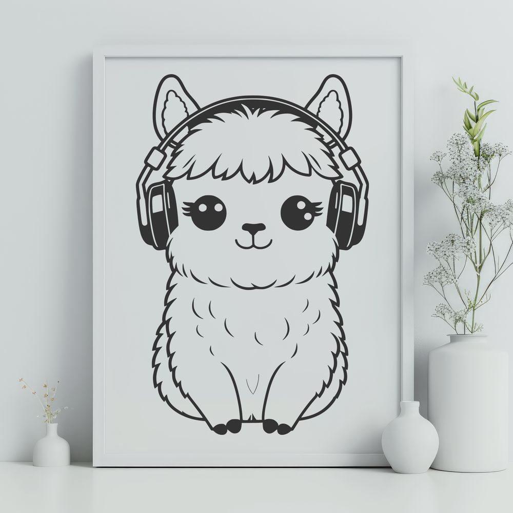 Whimsical Alpaca Headphones Illustration A stylized illustration of a happy alpaca wearing headphones.