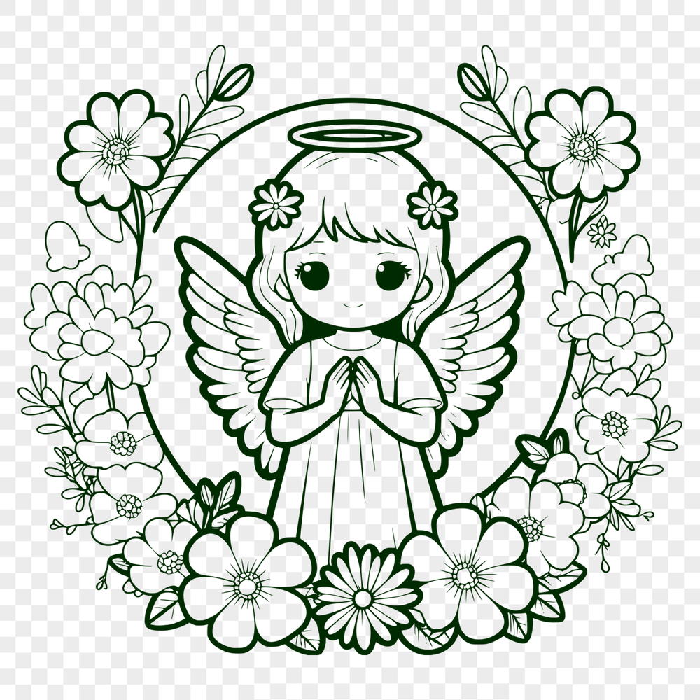 A stylized illustration of a winged angel surrounded by floral motifs, suitable for digital use as a vector graphic.