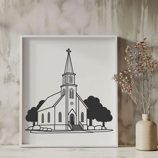 A vector graphic representation of a traditional Baptist church building with a steeple and stained glass windows.