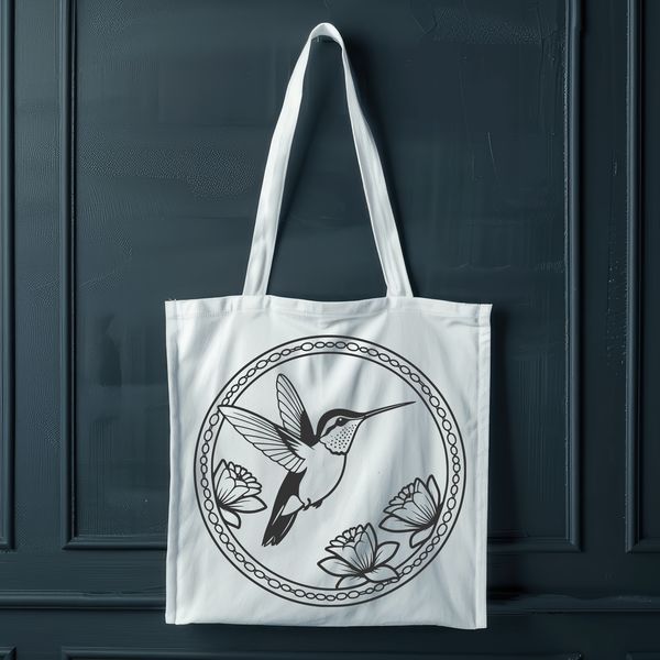 Stylized Hummingbird in Flight An SVG design featuring a stylized hummingbird in flight amidst lush greenery.