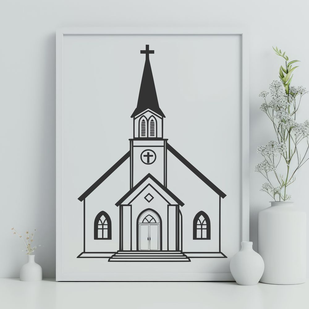 Traditional Baptist Church Building Illustration A 2D illustration of a traditional Baptist church building with steeply pitched roof and tall spire.