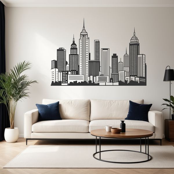 A detailed illustration of a city skyline with skyscrapers and buildings, suitable for vector art projects.