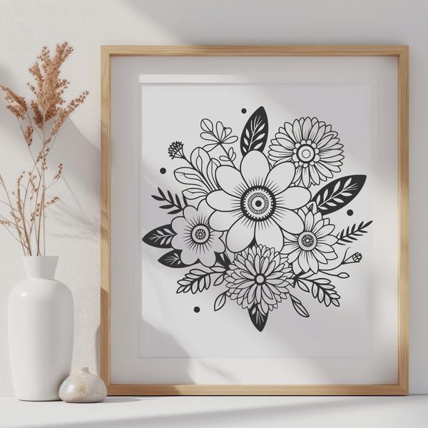 Colorful Mixed Flower Bouquet A digital vector illustration of a colorful floral bouquet with mixed flowers in a decorative arrangement.