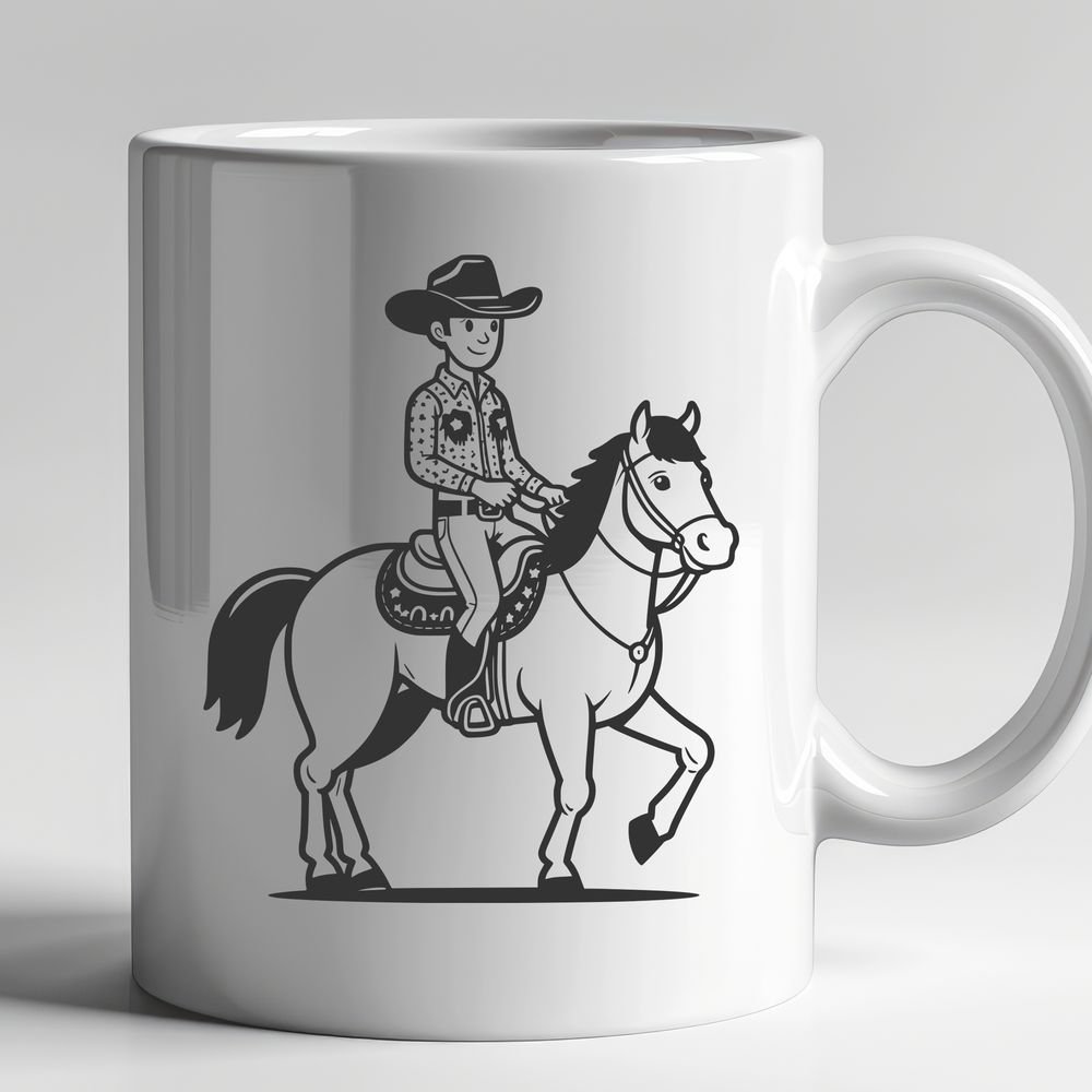 Rustic Cowboy Design SVG File A digital illustration of a cowboy on horseback in a western setting.