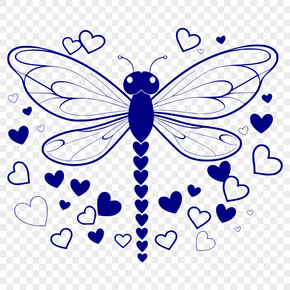 Vibrant Dragonfly Artwork with Love Symbols A colorful dragonfly with love hearts on its wings, depicted as a vector graphic.