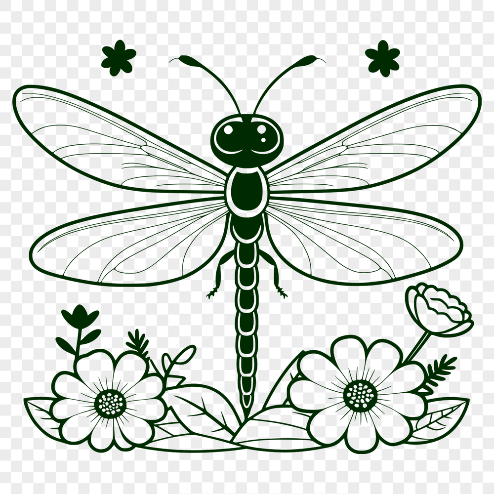 Floral Vector Dragonfly Graphic A colorful dragonfly perched on a floral stem, designed as a vector graphic.