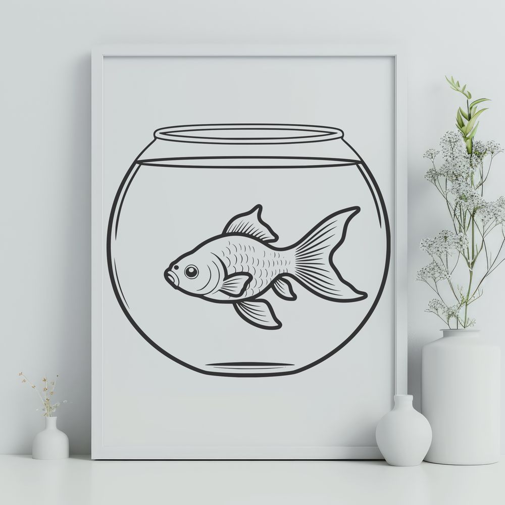 Colorful Finned Friend Illustration A colorful goldfish swimming in a fish bowl, suitable for graphic design projects.