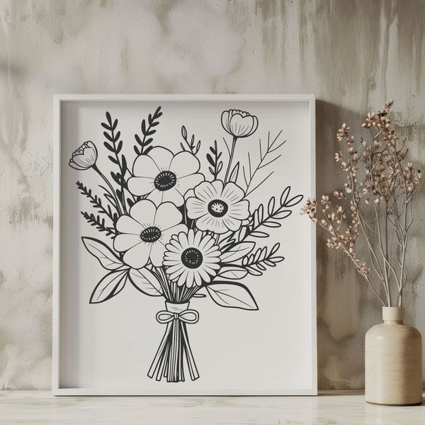 Whimsical Garden Delight A detailed illustration of a bouquet of flowers in various colors and arrangements.