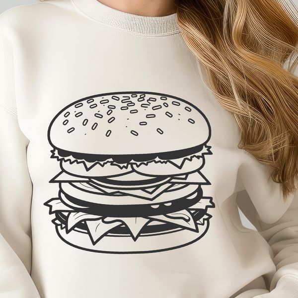 Gourmet Burger Illustration A simple illustration of a classic cheeseburger with lettuce, tomato, and cheese on a bun.