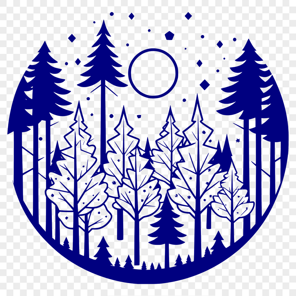 A detailed illustration of a forest landscape featuring various tree species in a natural setting.