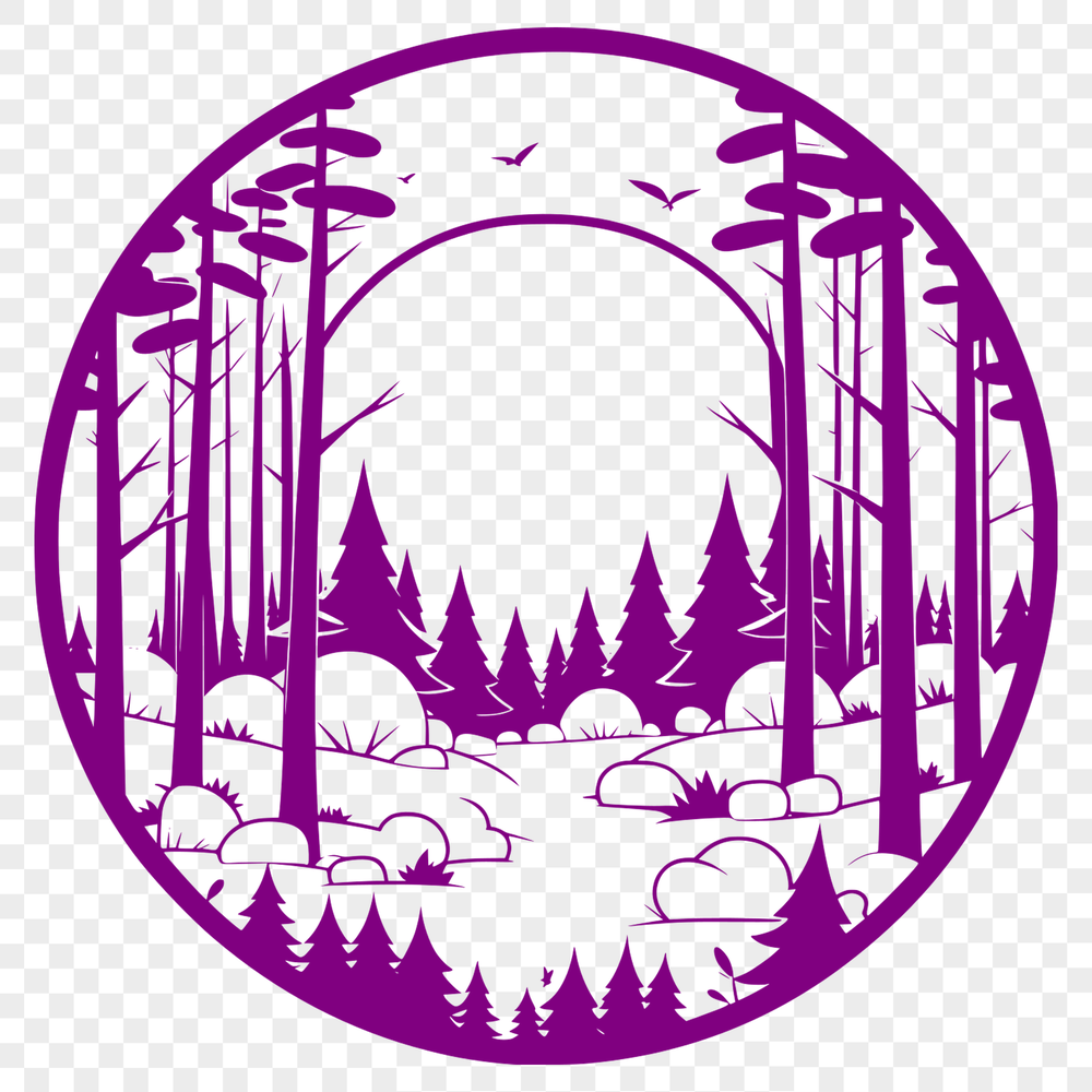A detailed illustration of a forest landscape featuring several trees and foliage.