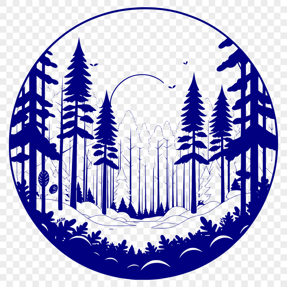 A vector graphic representation of a dense forest ecosystem featuring multiple tree types.