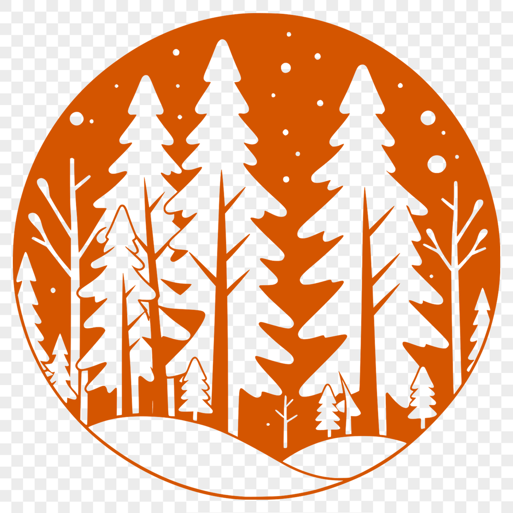 Illustrated forest landscape with trees, foliage, and scenic views, suitable for vector art designs.