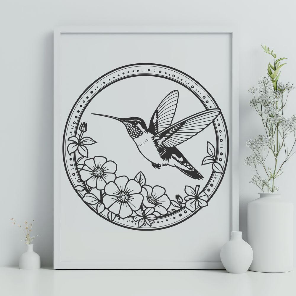 Whimsical Flower Bird An elegant digital depiction of a hummingbird in flight among blooming flowers.