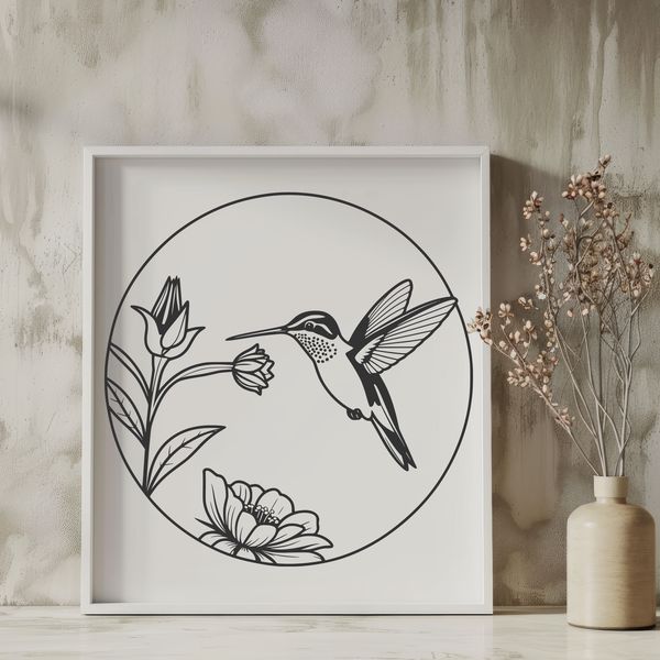 Whimsical Floral Bird Vector Art A detailed vector illustration of a hummingbird surrounded by floral elements.