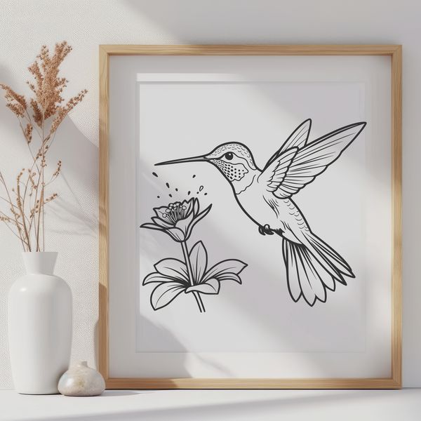 Colorful Hummingbird Silhouette on Floral Branch A vector graphic design featuring a stylized hummingbird perched on a branch with foliage.