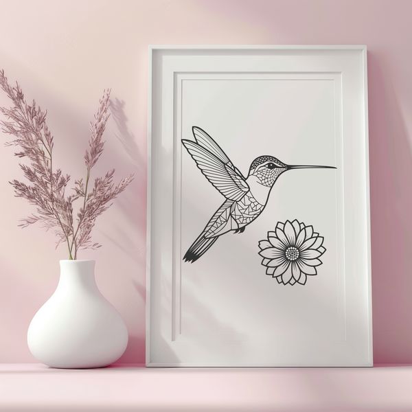 Floral Beauty Hummingbird SVG Clip Art An illustration of a small bird species known as a hummingbird, surrounded by flowers.