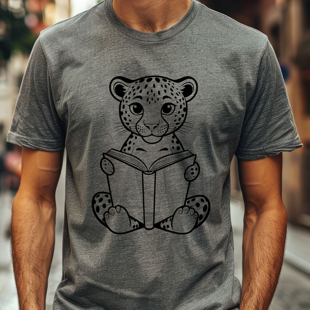Spotted Feline Reads in Nature A big cat with spotted fur is sitting and reading a book in a peaceful environment.