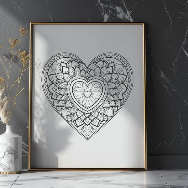 Mandala heart design with intricate patterns and shapes.