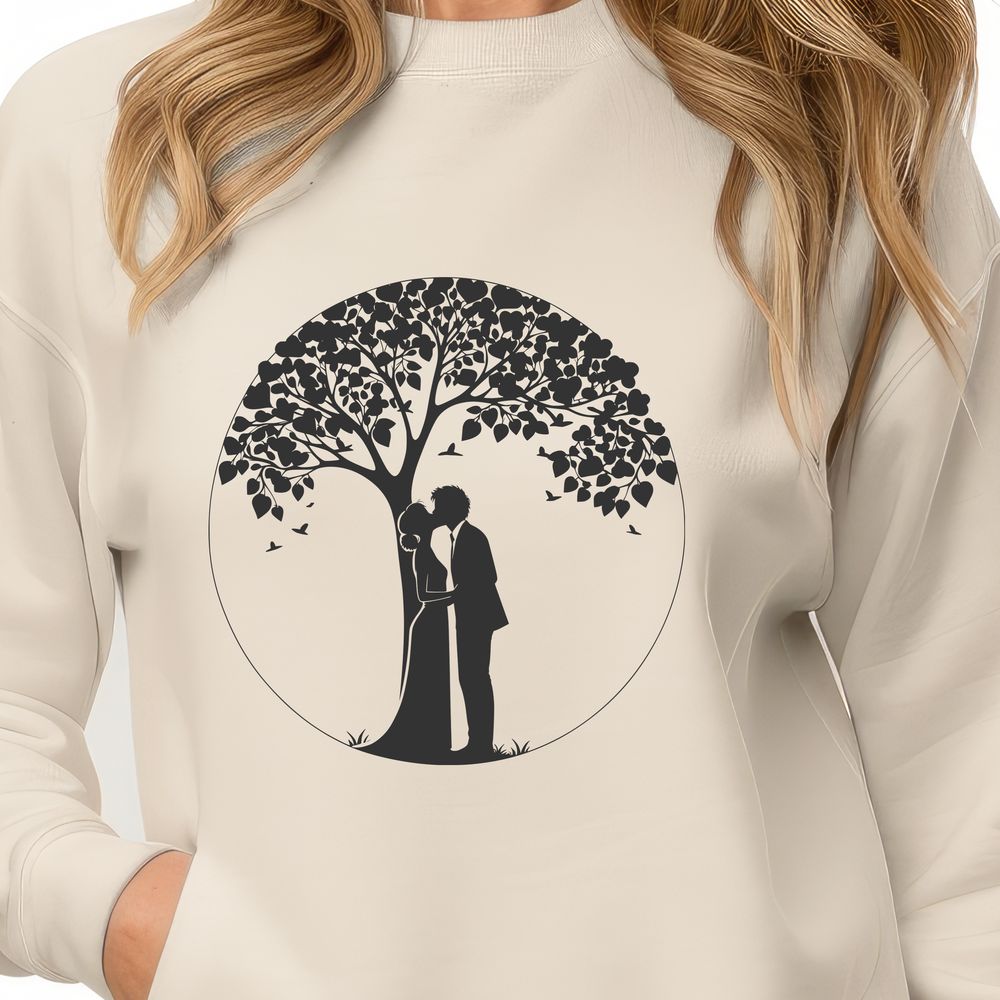 Tree of Eternal Love Illustrated illustration of a tree with embracing figures, representing love and affection.