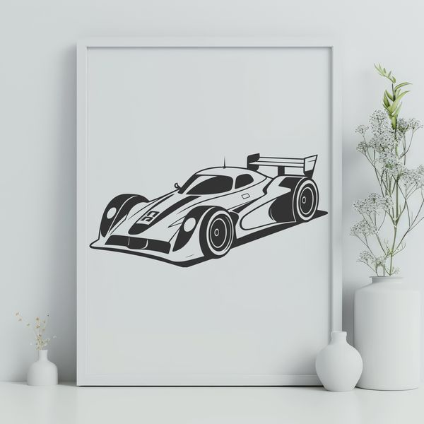 A high-performance racing car in motion, designed as a vector graphic for digital and print use.