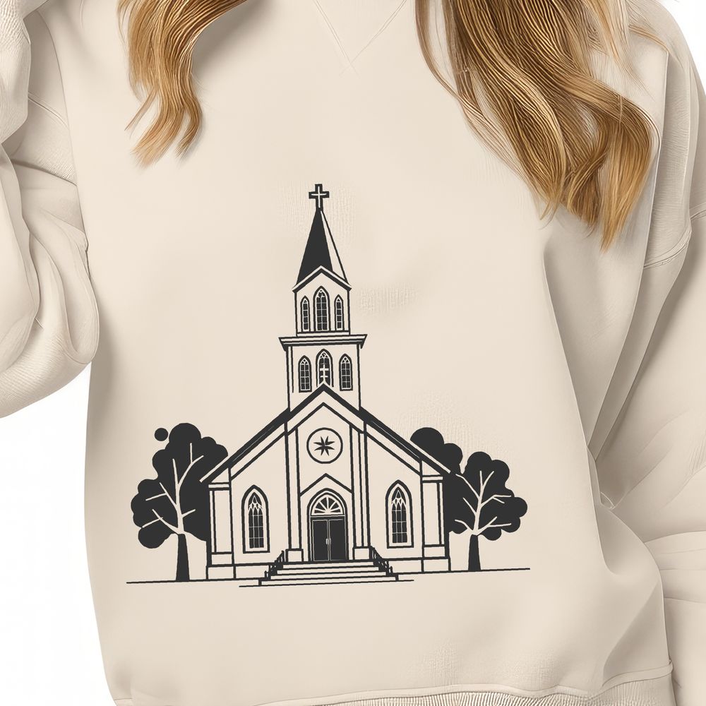 Symmetrical Baptist Church Design SVG An illustration of a traditional Baptist church with a steepled roof and symmetrical facade.