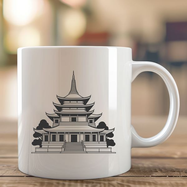A detailed architectural design of a traditional Buddhist temple with intricate details and ornate features.