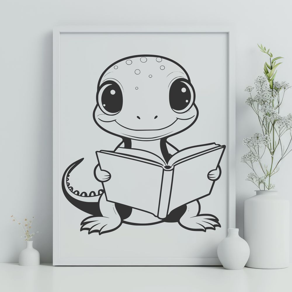 Whimsical Salamander Scene A salamander reading a book in a whimsical scene.