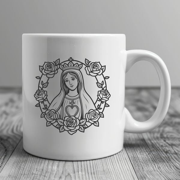 A stylized illustration of a heart with floral elements and religious symbolism.