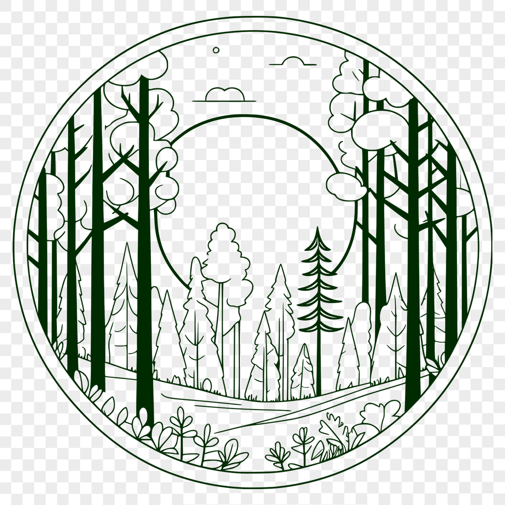A stylized illustration of a dense forest with trees, foliage, and branches.