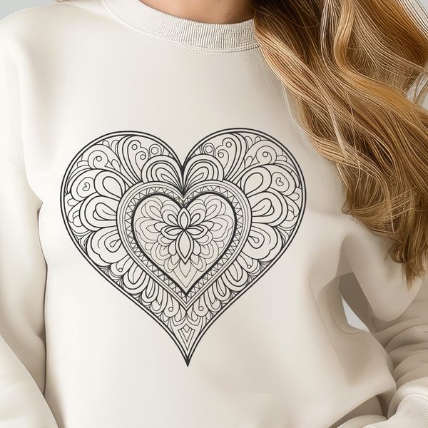 A colorful geometric mandala design in the shape of a heart, suitable for digital cutting machines and graphic arts software.
